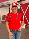 Red Sequin Sleeve Top