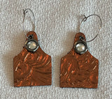 Cow Tag Leather Earrings With Crystal Drop