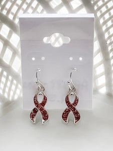 Pink Breast Cancer Rhinestone Ribbon Earrings - Silver