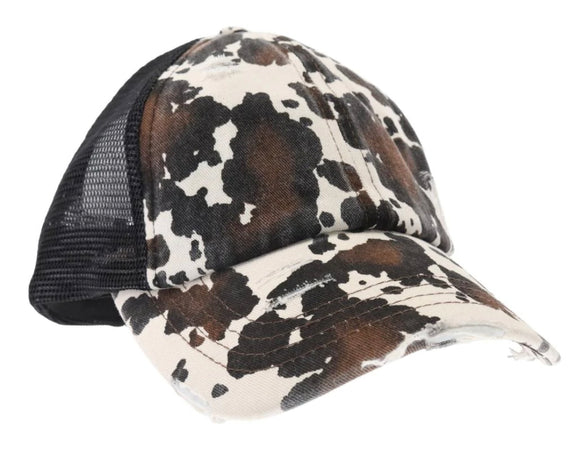 Cow Print Criss Cross Ponytail Hat