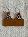 Cow Tag Leather Earrings With Crystal Drop